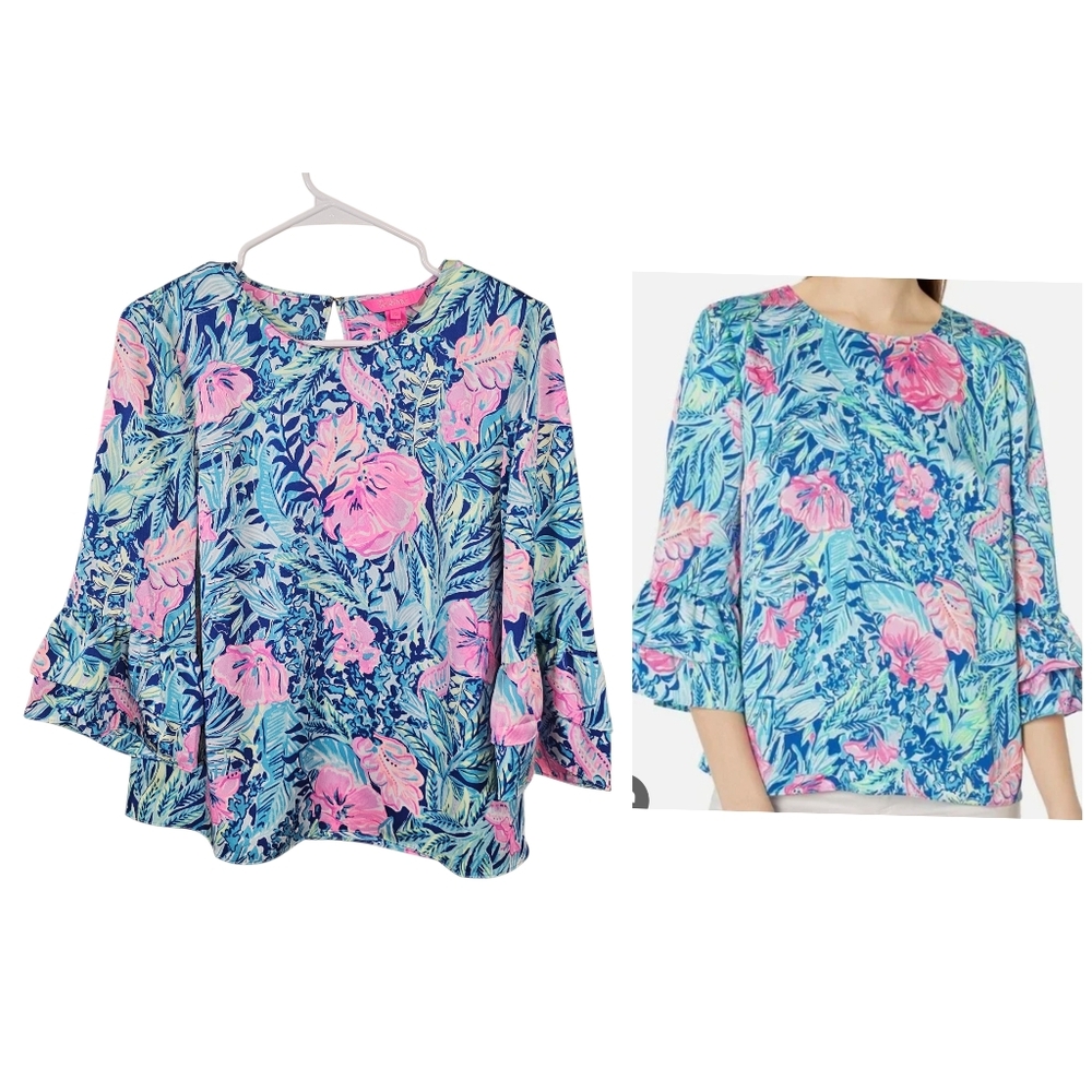 Lilly Pulitzer Christie Blouse Beach Club Blooms Ruffle Bell Sleeve Floral Tropi